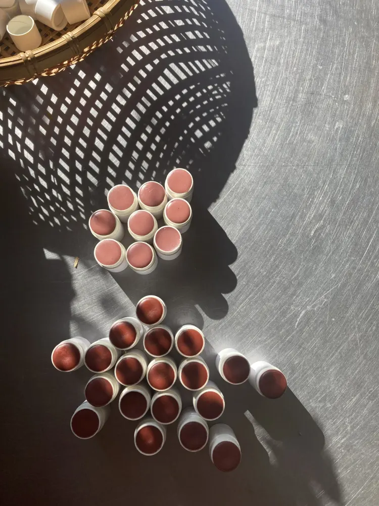 Tallow lip tints — pots of pink and madder red in the sun